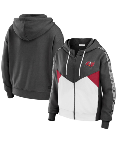 Wear By Erin Andrews Pewter/white Tampa Bay Buccaneers Color Block Light Weight Modest Crop Full-zip In Pewter,white