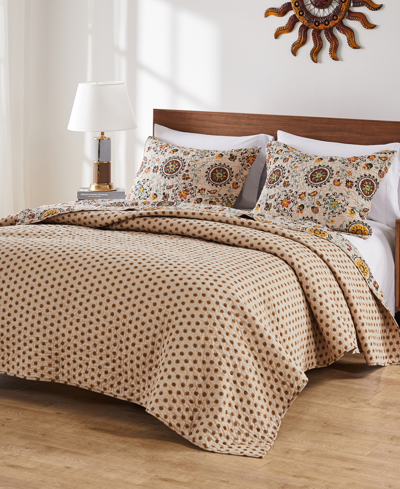 Greenland Home Fashions Andorra Cotton Reversible 5 Piece Quilt Set, King In Taupe