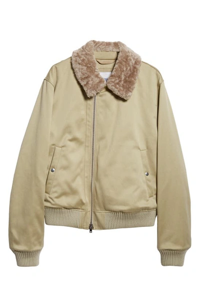Shop Burberry Cotton Sateen Bomber Jacket With Genuine Shearling Collar In Hunter