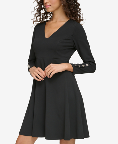 Shop Tommy Hilfiger Women's V-neck Button-sleeve Dress In Black