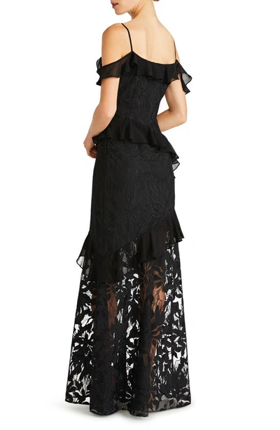 Shop ml Monique Lhuillier Sienna Ruffle Cold Shoulder Lace Gown In Black