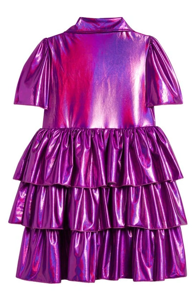 Shop Lola & The Boys Kids' Bow Iridescent Tiered Shirtdress In Pink
