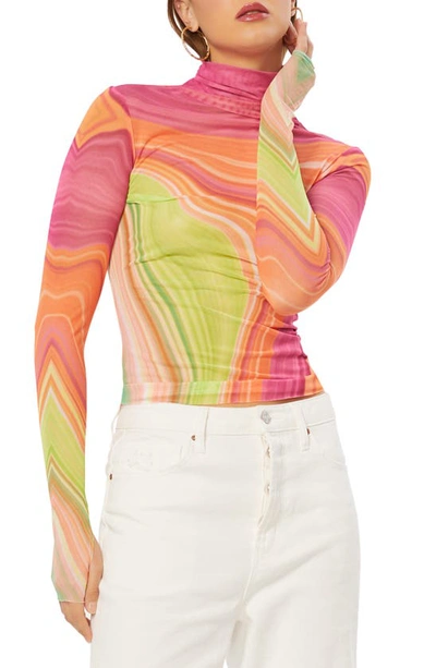Afrm Zadie Mesh Turtleneck Top In Abstract Spring Wave