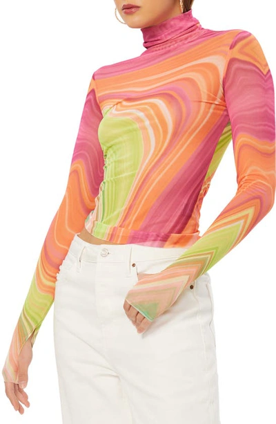 Afrm Zadie Mesh Turtleneck Top In Abstract Spring Wave