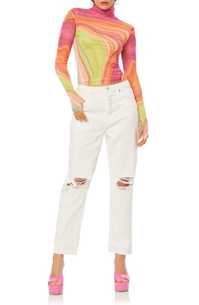 Afrm Zadie Mesh Turtleneck Top In Abstract Spring Wave