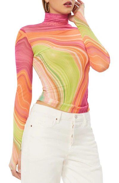 Afrm Zadie Mesh Turtleneck Top In Abstract Spring Wave