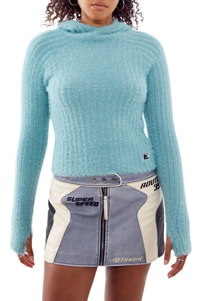 Shop Iets Frans Eyelash Rib Hooded Long Sleeve Sweater In Blue