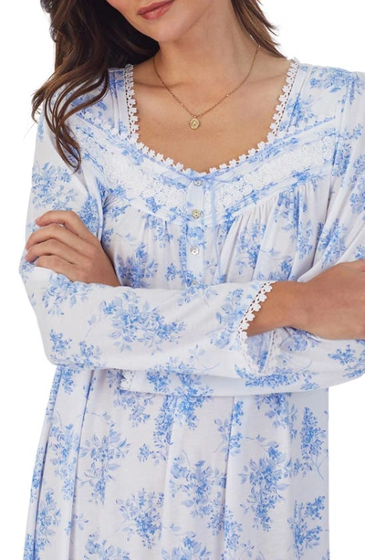 Shop Eileen West Waltz Floral Print Lace Trim Long Sleeve Cotton & Modal Nightgown In Wht/bluflr