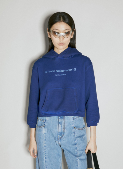 Shop Alexander Wang Glitter Logo Shrunken Hooded Sweatshirt In Blue