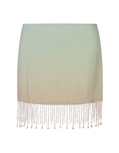Shop Casablanca Monogram Silk Mini Skirt With Fringes In Green