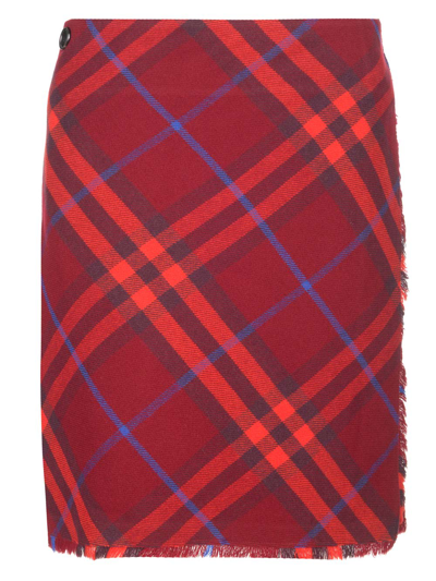 Shop Burberry Check Pattern Wool Kilt In Red