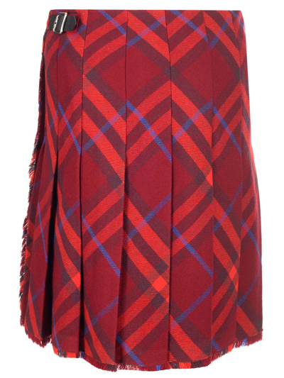 Shop Burberry Check Pattern Wool Kilt In Red