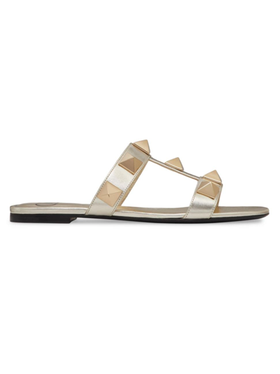 Shop Valentino Women's Roman Stud Metallic Nappa Slide Sandals With Matching Studs In Platinum