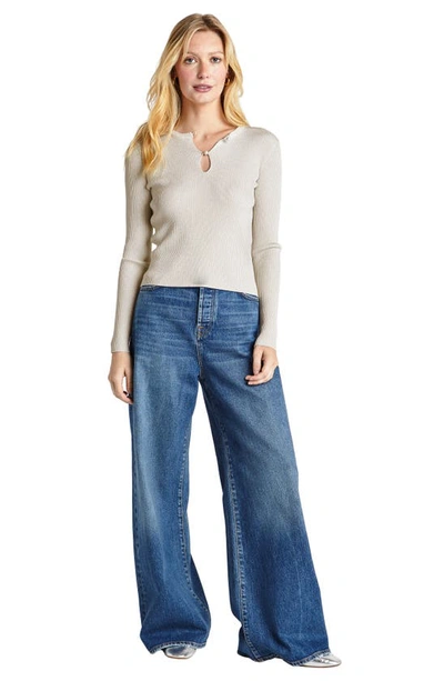 Splendid Peyton Lurex Knit Keyhole Sweater In White Sand