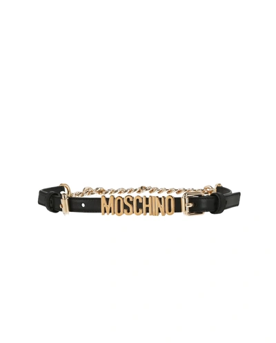 Shop Moschino Double Buckle Chained Leather Belt In Black