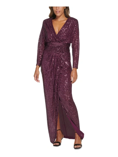 Shop Calvin Klein Womens Sequined Ruched Evening Dress In Purple