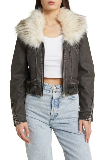 Shop Blanknyc Faux Fur Collar Faux Leather Bomber Jacket In Moonlight