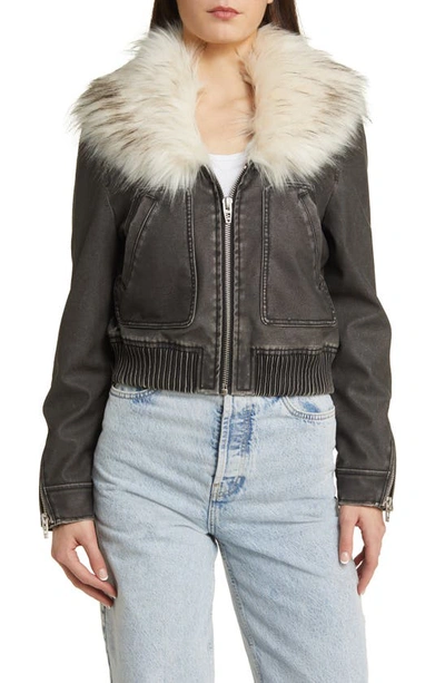Blanknyc Faux Fur Collar Faux Leather Bomber Jacket In Moonlight