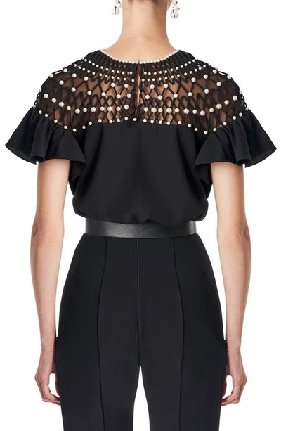 Shop Carolina Herrera Embroidered Yoke Short Sleeve Top In Black