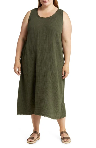 Shop Eileen Fisher Sleeveless Organic Cotton Shift Midi Dress In Seaweed