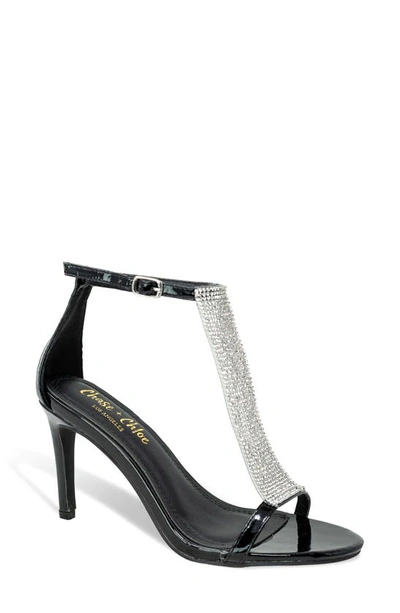 Shop Chase & Chloe Gigi Rhinestone T-strap Sandal In Black Patent