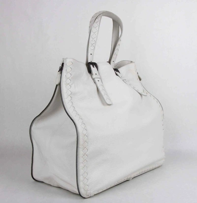 Shop Bottega Veneta Milk White Leather Zip Around Tote Bag Woven Detail