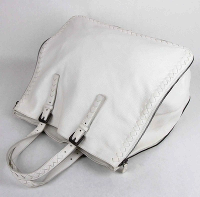 Shop Bottega Veneta Milk White Leather Zip Around Tote Bag Woven Detail