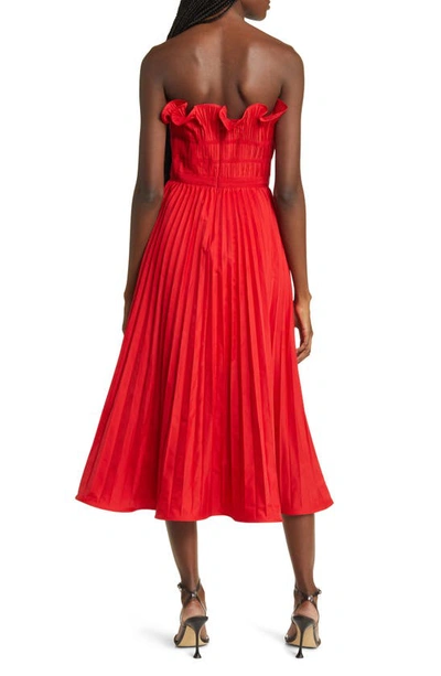 Moon River Strapless Pleated Midi Dress In Red