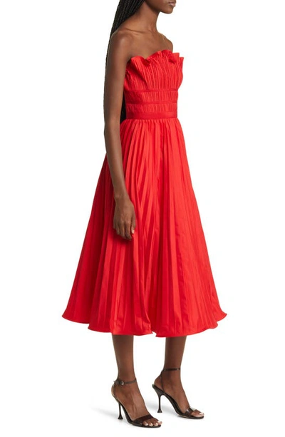 Moon River Strapless Pleated Midi Dress In Red