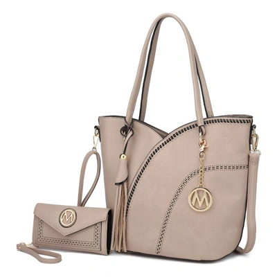 Shop Mkf Collection By Mia K Imogene Two-tone Whip Stitches Vegan Leather Women's Shoulder Bag With Wallet- 2 Pieces In Beige