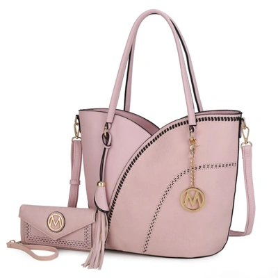 Shop Mkf Collection By Mia K Imogene Two-tone Whip Stitches Vegan Leather Women's Shoulder Bag With Wallet- 2 Pieces In Pink
