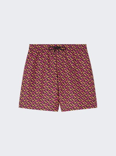 Shop Versace La Greca Boardshorts In Red