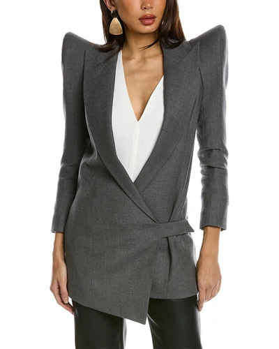 Shop Balmain Asymmetric Flannel Wrap Wool Jacket In Grey