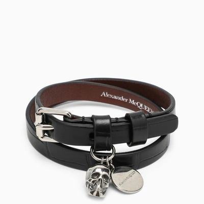 Shop Alexander Mcqueen Alexander Mc Queen Black Leather Skull Bracelet