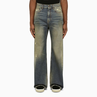 Shop Palm Angels Blue/brown Denim Jeans With Wear