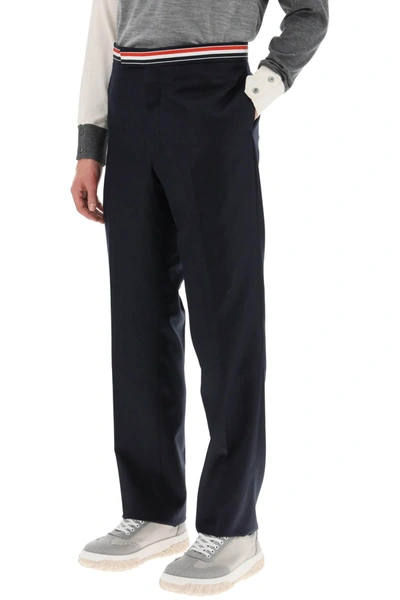 Shop Thom Browne Tricolar Waistband Wool Twill Pants In Blue