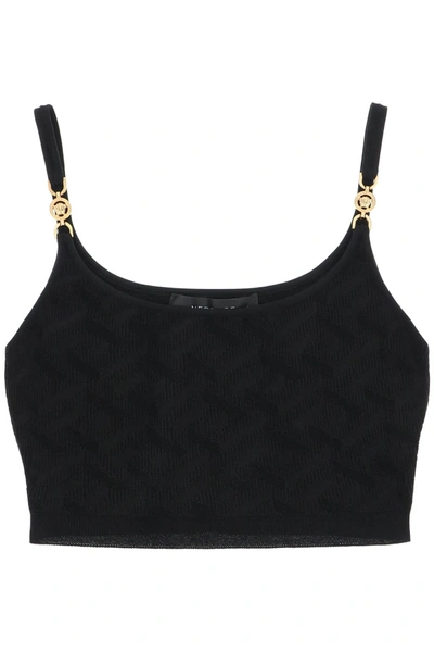 Shop Versace 'la Greca' Knitted Cropped Top