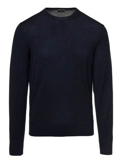 Shop Tom Ford Dark Blue Crewneck Pullover With Rib Trim In Wool Man