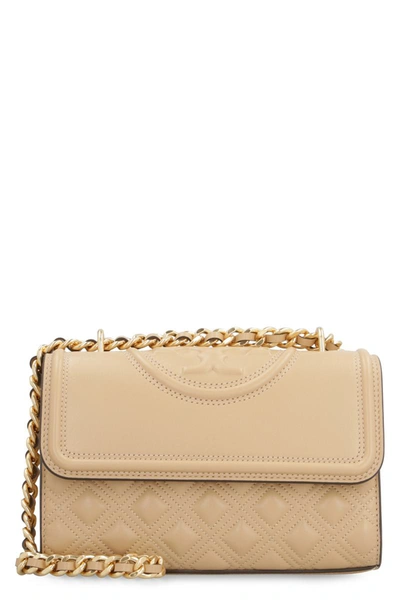 Shop Tory Burch Quilted Leather Fleming Mini Shoulder Bag In Beige