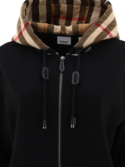 Shop Burberry Check Trim Zippered Hoodie In Black