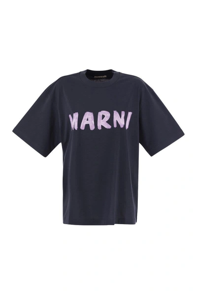 Shop Marni Cotton Jersey T-shirt With  Print In Blue