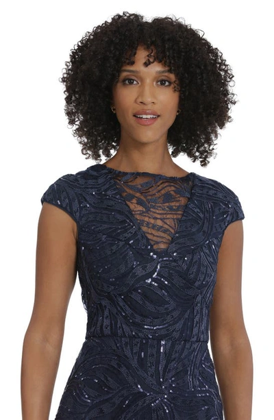 Shop Maggy London Illusion Lace Sequin Embroidered Cap Sleeve Midi Dress In Twilight Navy