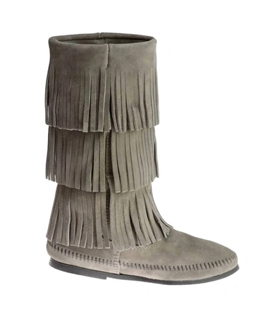 Shop Minnetonka Women's 3 Layer Fringe Calf High Boot In Grey