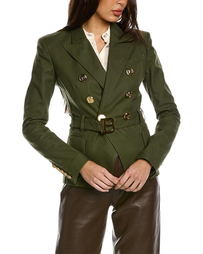 Shop Balmain 6-button Belted Denim Jacket In Green