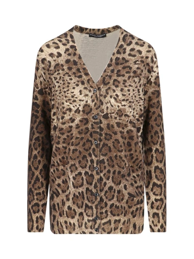 Dolce & Gabbana Leopard-print Cashmere Cardigan In Brown