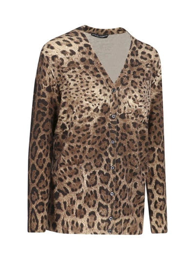 Dolce & Gabbana Leopard-print Cashmere Cardigan In Brown