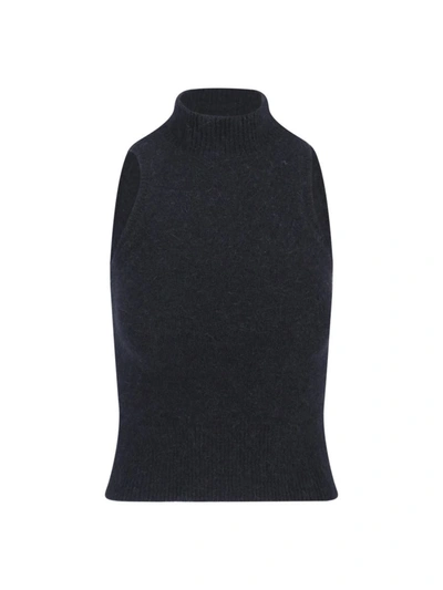 Patou High Neck Ribbed Hem Sleeveless Top In Black