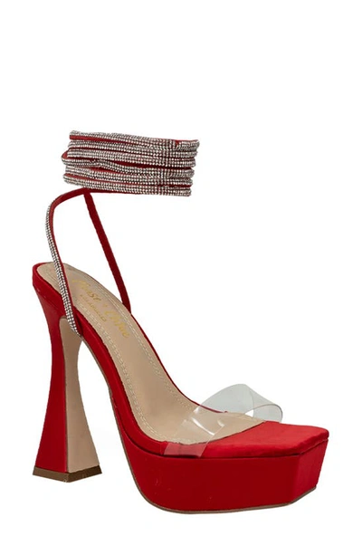 Shop Chase & Chloe Avril Lucite Strap Crystal Embellished Sandal In Red Satin