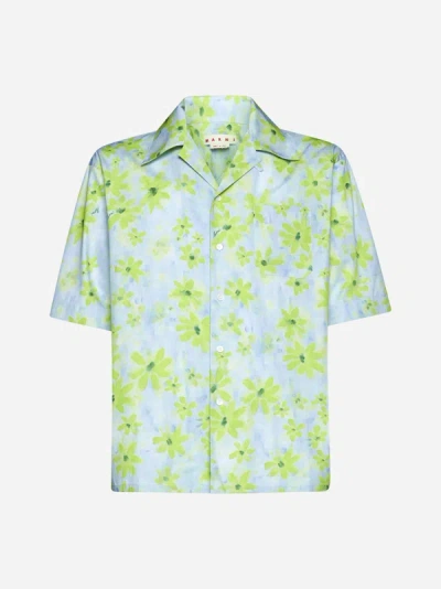 Shop Marni Floral Print Cotton Shirt In Acquamarine