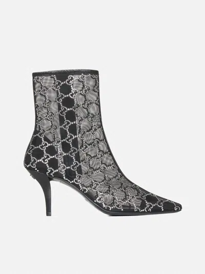 Shop Gucci Gg Crystals Mesh Ankle Boots In Black